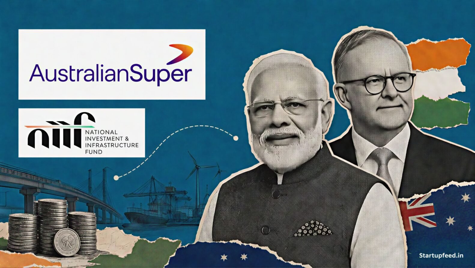 India Australia CECA editorial collage featuring Narendra Modi, Anthony Albanese, AustralianSuper and NIIF investment symbols