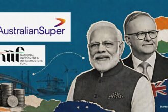 India Australia CECA editorial collage featuring Narendra Modi, Anthony Albanese, AustralianSuper and NIIF investment symbols
