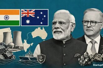 India Australia uranium pact visual with Narendra Modi, Anthony Albanese and both national flags against a deep teal summit backdrop