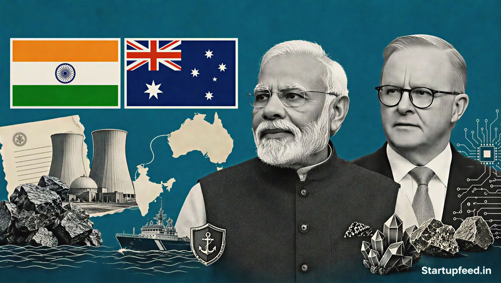 India Australia uranium pact visual with Narendra Modi, Anthony Albanese and both national flags against a deep teal summit backdrop