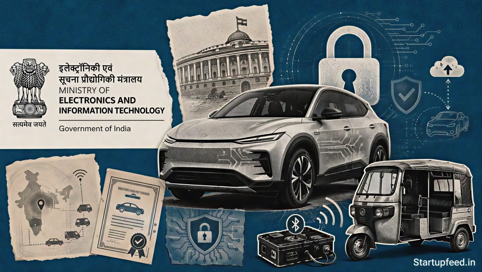 ndia auto cybersecurity rules visual with a connected vehicle, digital lock, MeitY emblem and vulnerable e-rickshaw battery system