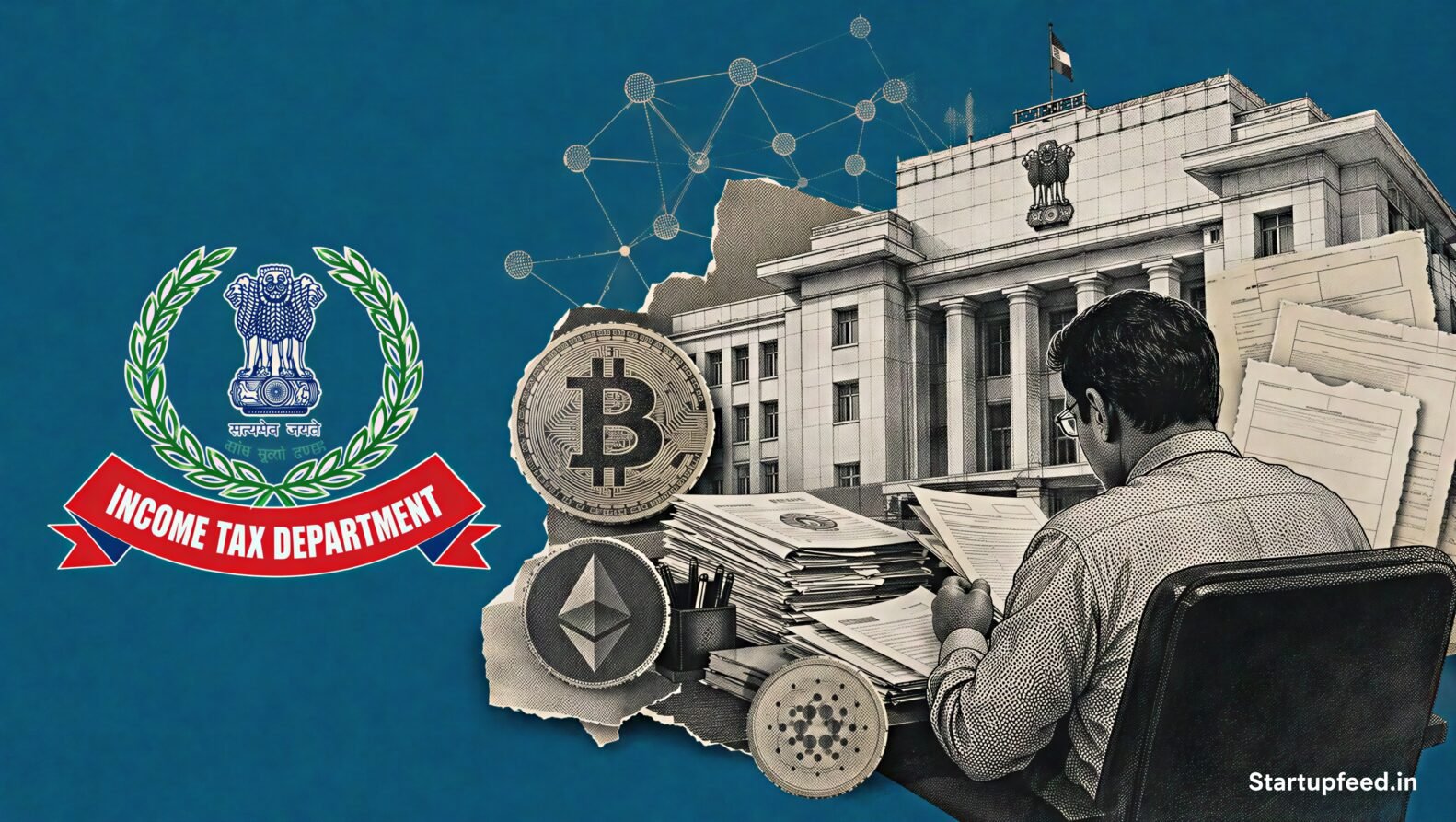 Crypto tax reporting in India visualised through the CBDT emblem, compliance documents and a halftone government tax-office scene