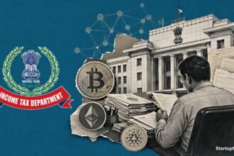 Crypto tax reporting in India visualised through the CBDT emblem, compliance documents and a halftone government tax-office scene