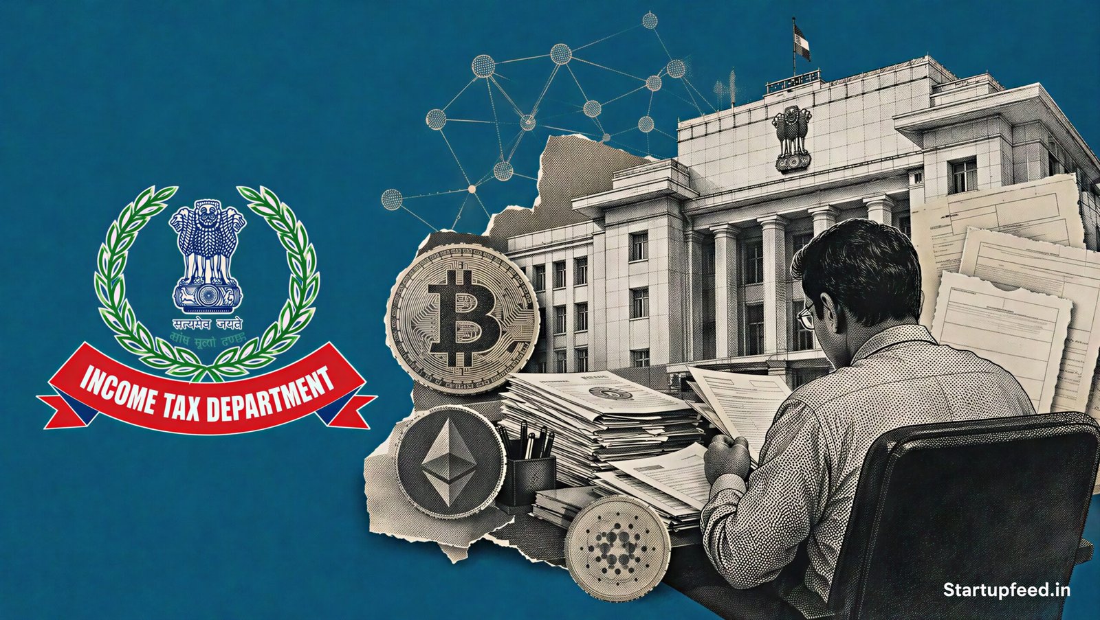 Crypto tax reporting in India visualised through the CBDT emblem, compliance documents and a halftone government tax-office scene