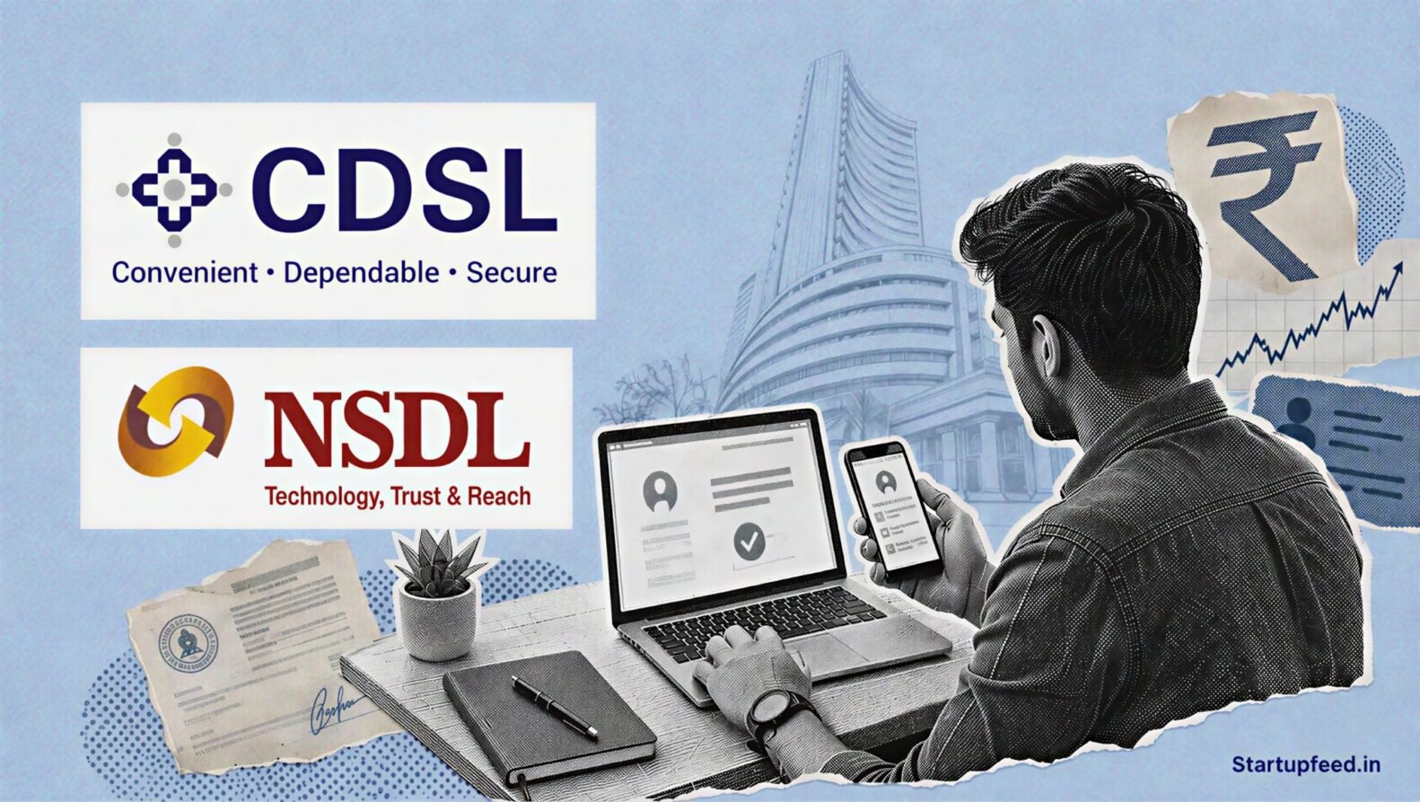 Demat account additions scene with CDSL and NSDL logos, retail investor desk, and market rebound cues
