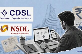 Demat account additions scene with CDSL and NSDL logos, retail investor desk, and market rebound cues