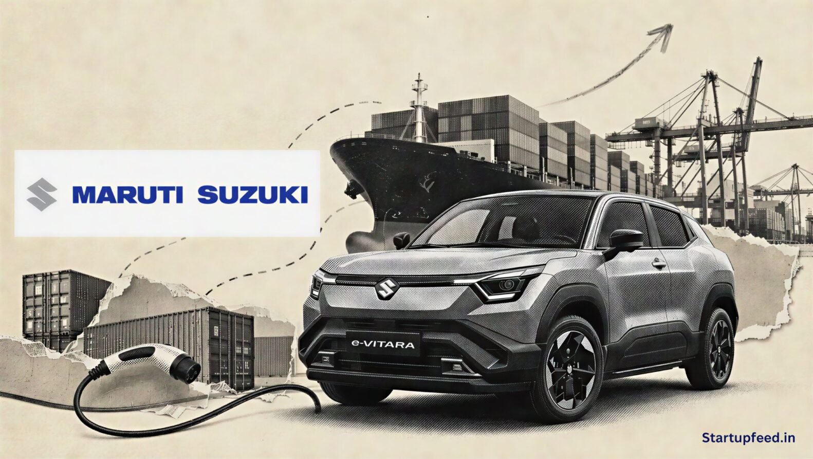 India EV exports surge shown through a Maruti Suzuki e-Vitara beside cargo ships and Gujarat port cranes