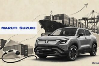 India EV exports surge shown through a Maruti Suzuki e-Vitara beside cargo ships and Gujarat port cranes