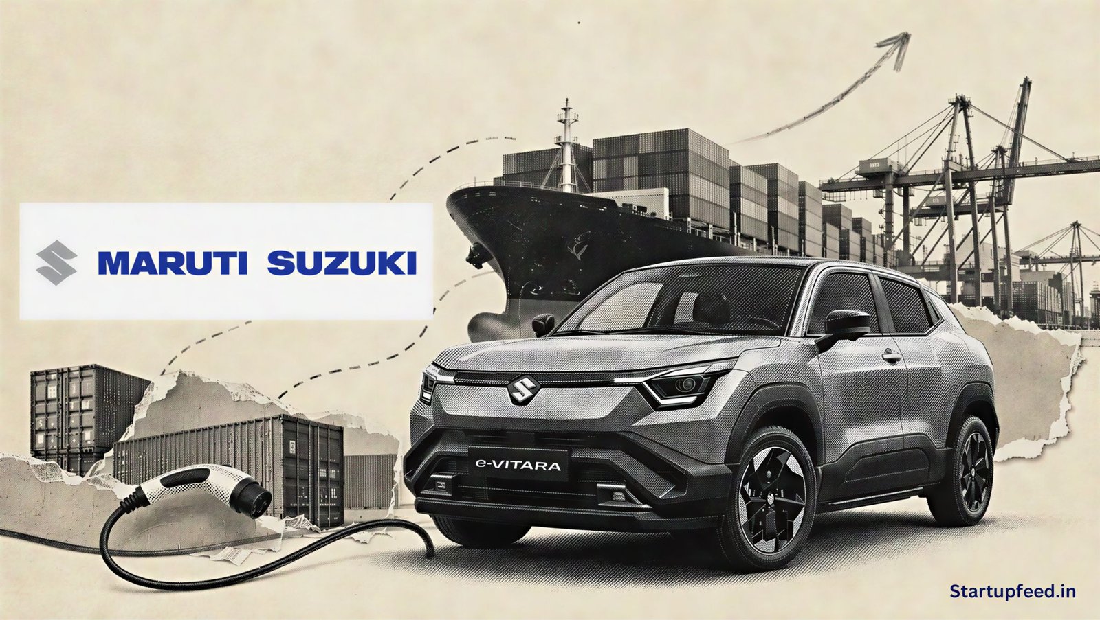 India EV exports surge shown through a Maruti Suzuki e-Vitara beside cargo ships and Gujarat port cranes