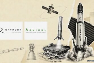 India private space race visual with Skyroot and Agnikul logos, halftone launch vehicles, sea-recovery barge and reusable booster engineering