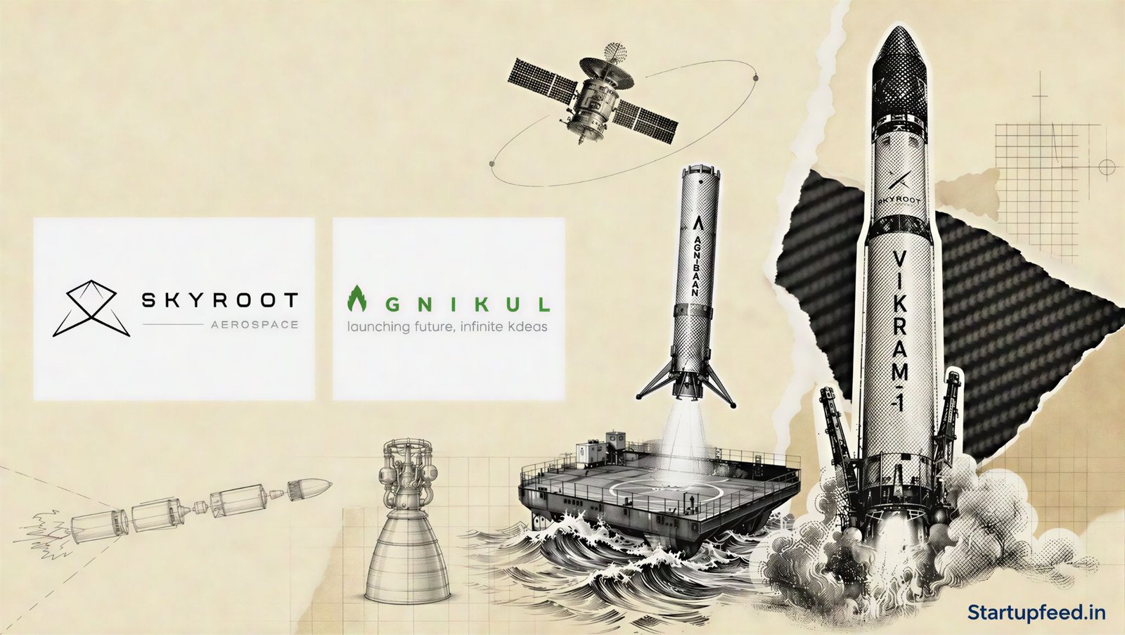 India private space race visual with Skyroot and Agnikul logos, halftone launch vehicles, sea-recovery barge and reusable booster engineering