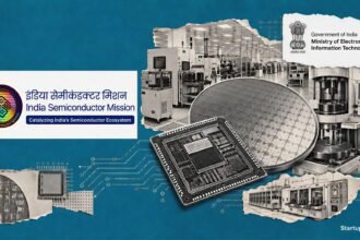 India Semiconductor Mission 2.0 policy collage with the official mission and MeitY emblems beside a halftone semiconductor fab scene