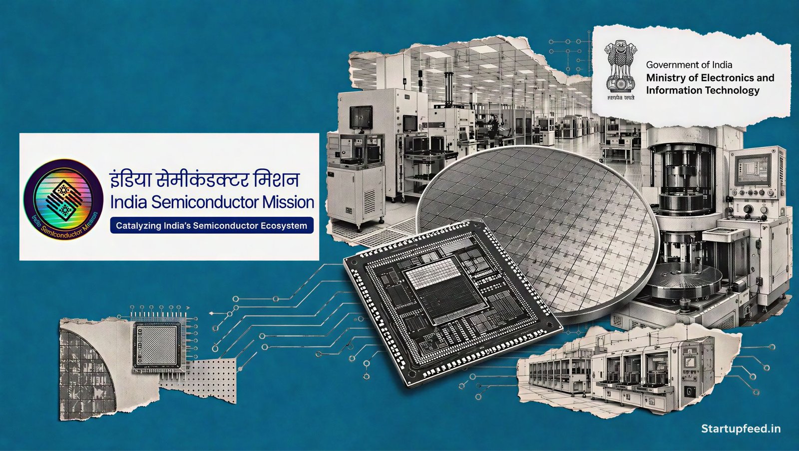 India Semiconductor Mission 2.0 policy collage with the official mission and MeitY emblems beside a halftone semiconductor fab scene