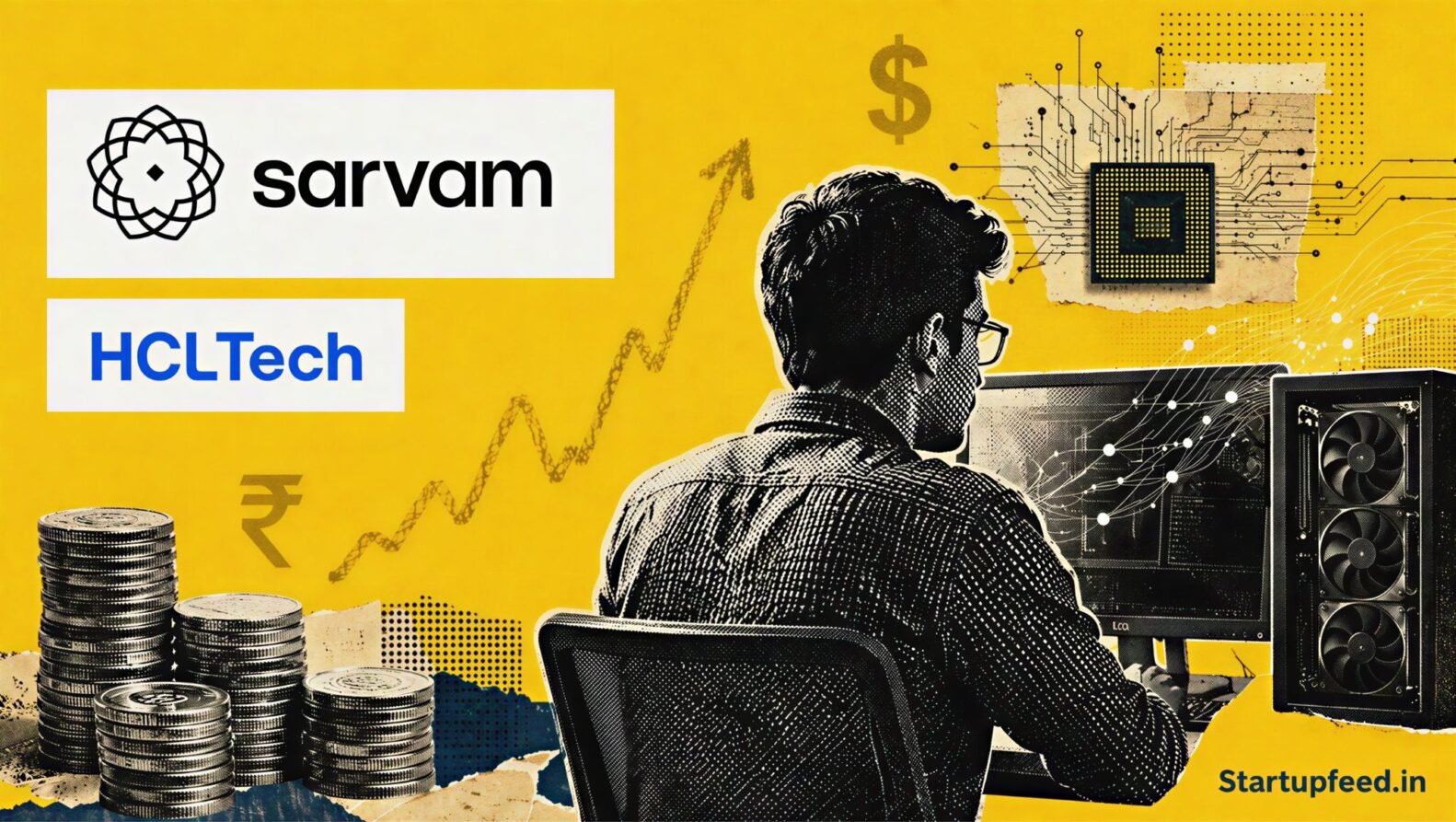 Indian AI startup funding visual with Sarvam and HCLTech logos, a halftone founder silhouette, stacked coins and circuit motifs