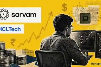 Indian AI startup funding visual with Sarvam and HCLTech logos, a halftone founder silhouette, stacked coins and circuit motifs