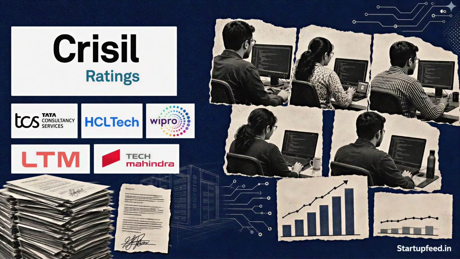 Indian IT deal wins visualised with halftone technology professionals, Crisil Ratings branding and logos of TCS, HCLTech, Wipro, LTM and Tech Mahindra
