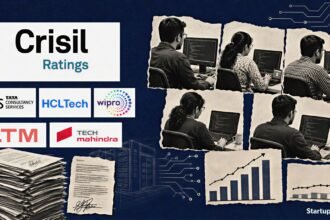 Indian IT deal wins visualised with halftone technology professionals, Crisil Ratings branding and logos of TCS, HCLTech, Wipro, LTM and Tech Mahindra