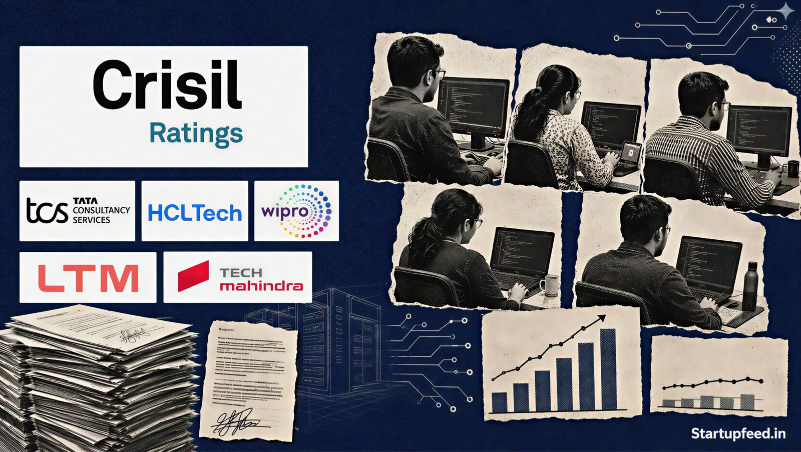 Indian IT deal wins visualised with halftone technology professionals, Crisil Ratings branding and logos of TCS, HCLTech, Wipro, LTM and Tech Mahindra