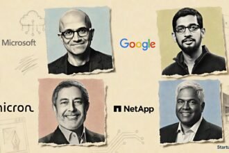 Indian origin CEOs in a halftone collage featuring Kunal Shah, Satya Nadella, Sundar Pichai and Shantanu Narayen