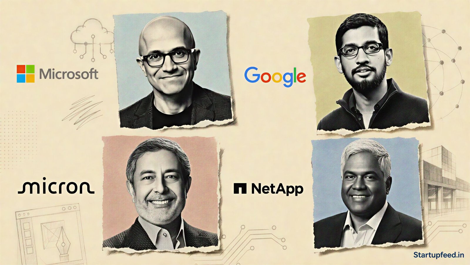 Indian origin CEOs in a halftone collage featuring Kunal Shah, Satya Nadella, Sundar Pichai and Shantanu Narayen