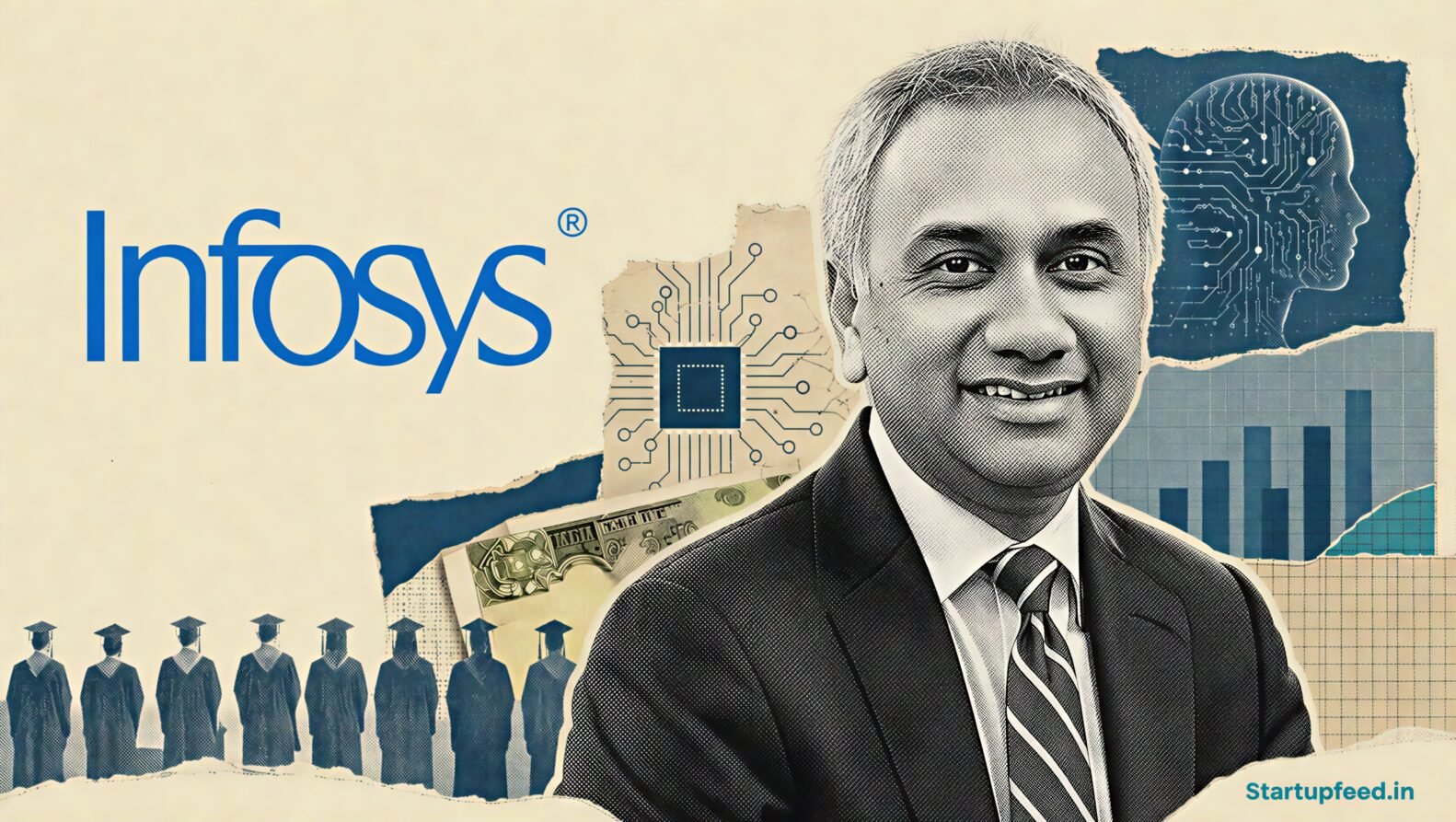 Infosys CEO Salil Parekh framed in a halftone AI collage with the company logo and graduate hiring silhouettes