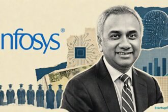 Infosys CEO Salil Parekh framed in a halftone AI collage with the company logo and graduate hiring silhouettes