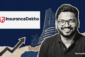 InsuranceDekho IPO visual with CEO Ankit Agrawal, company logo and a sketched stock-exchange building on deep navy