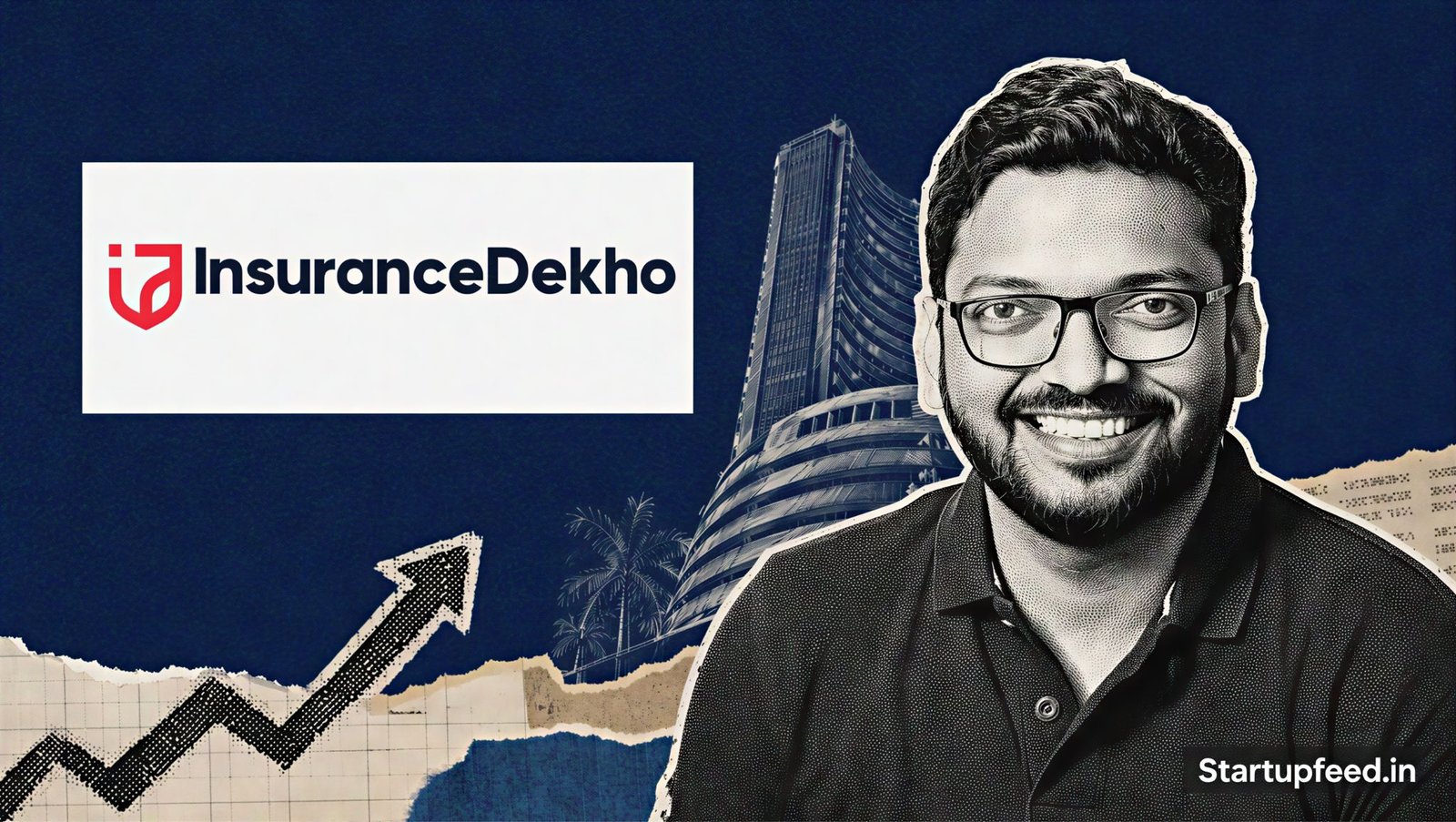 InsuranceDekho IPO visual with CEO Ankit Agrawal, company logo and a sketched stock-exchange building on deep navy