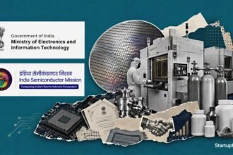 ISM 2.0 chip subsidy policy visual with the MeitY emblem, semiconductor wafer, fabrication equipment and supply-chain materials
