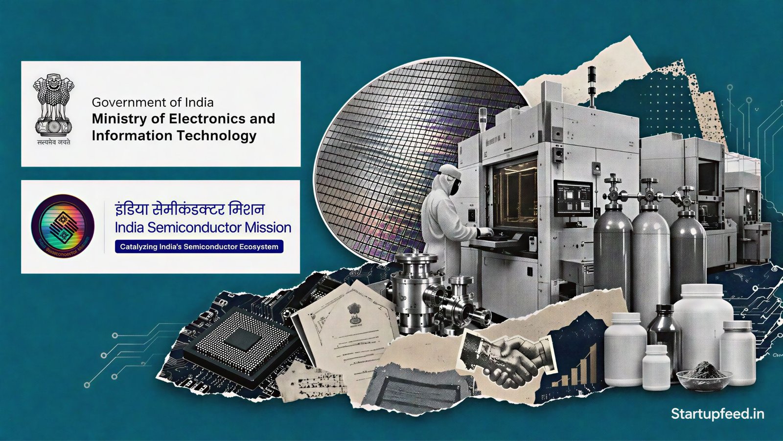 ISM 2.0 chip subsidy policy visual with the MeitY emblem, semiconductor wafer, fabrication equipment and supply-chain materials