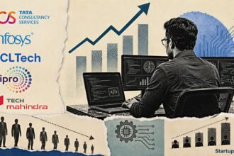 IT productivity boost firm visual with Indian technology professionals, five company logos and an upward efficiency chart