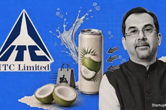 ITC Cola Launch visual with Sanjiv Puri, official ITC logo, coconut halves and a premium sugar-free cola can