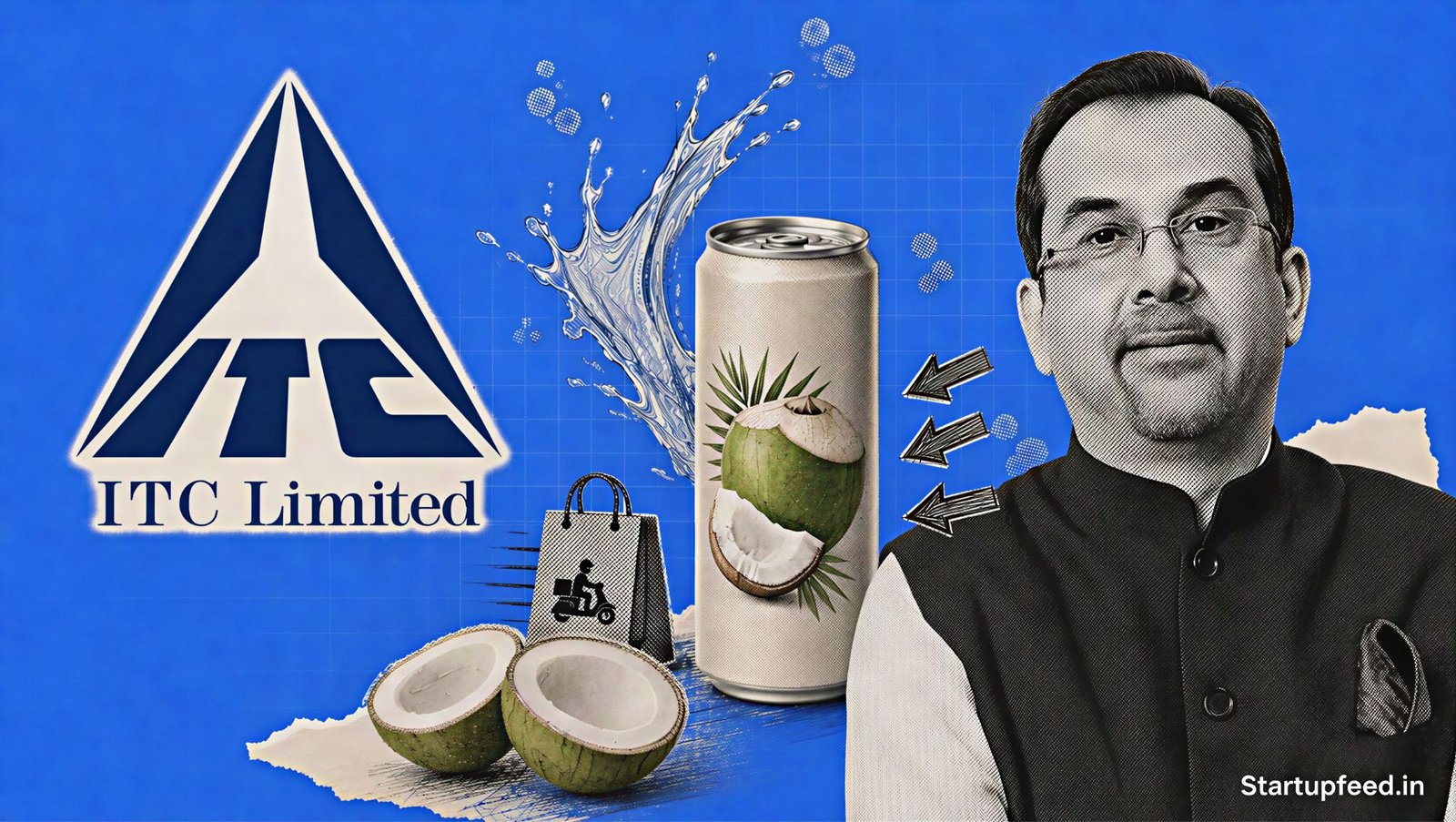 ITC Cola Launch visual with Sanjiv Puri, official ITC logo, coconut halves and a premium sugar-free cola can