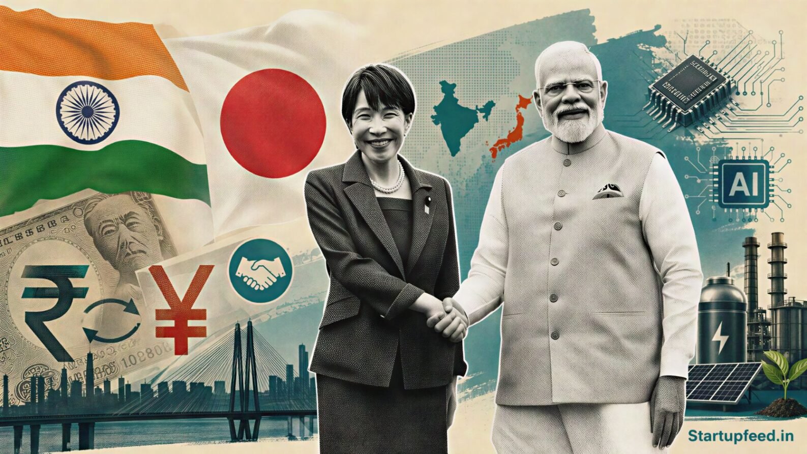 Japan PM Visit editorial collage with India-Japan startup investment links, AI desk scene, and $12.5 Bn pledge