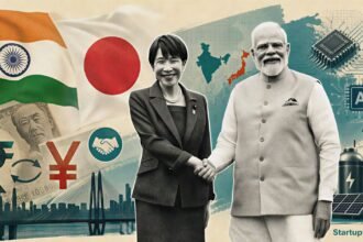 Japan PM Visit editorial collage with India-Japan startup investment links, AI desk scene, and $12.5 Bn pledge