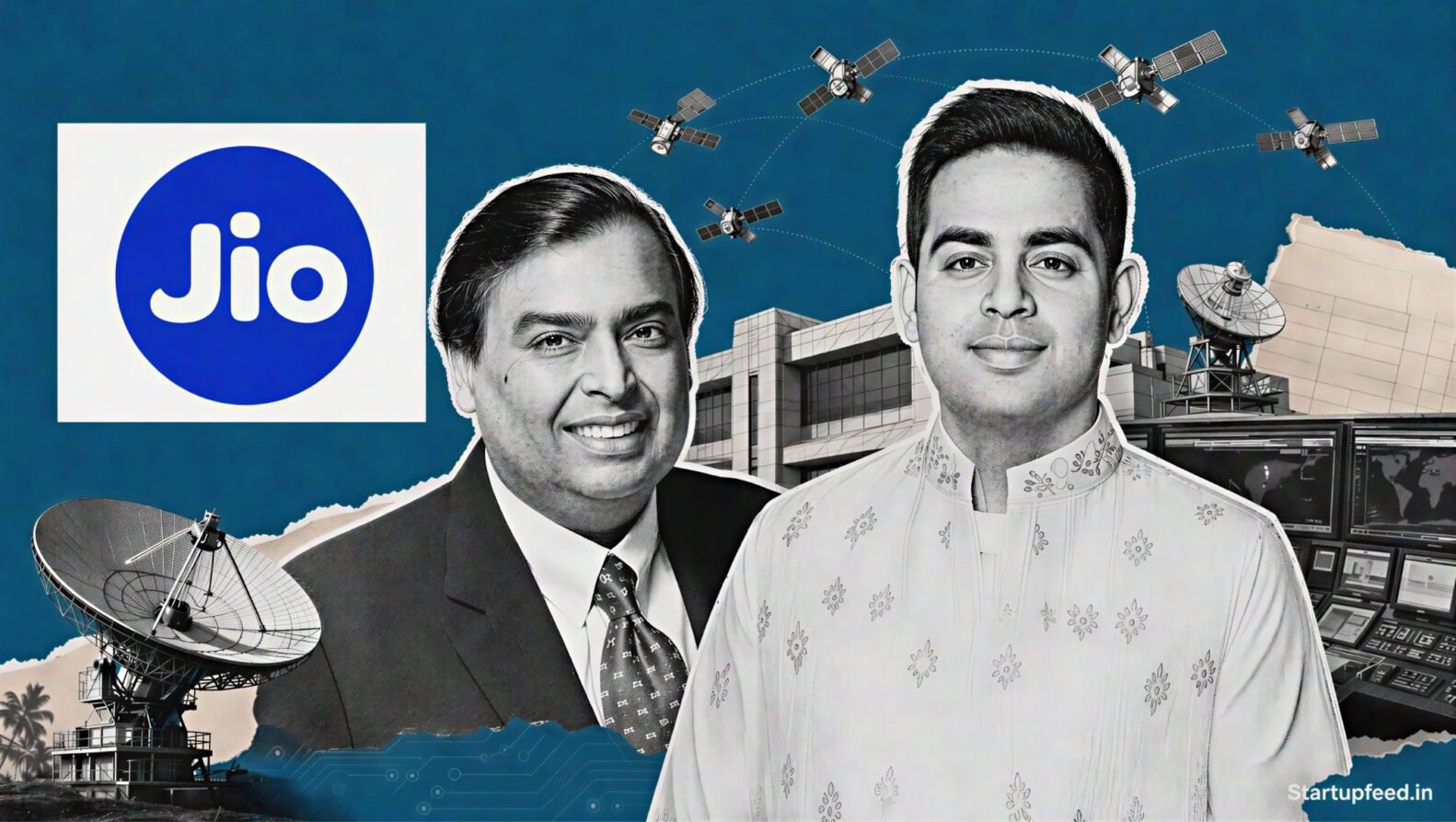 Jio LEO satellite plan collage with Reliance Jio and IN-SPACe logos, LEO satellites and Indian ground stations