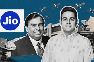 Jio LEO satellite plan collage with Reliance Jio and IN-SPACe logos, LEO satellites and Indian ground stations