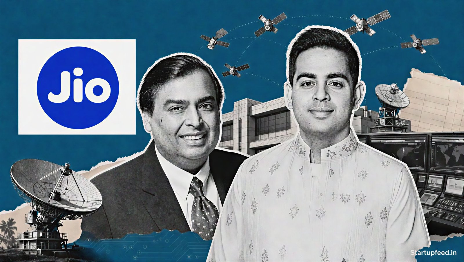 Jio LEO satellite plan collage with Reliance Jio and IN-SPACe logos, LEO satellites and Indian ground stations