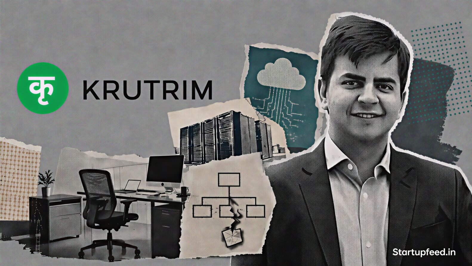 Krutrim cuts 25 jobs as founder Bhavish Aggarwal appears beside a fragmented halftone office scene