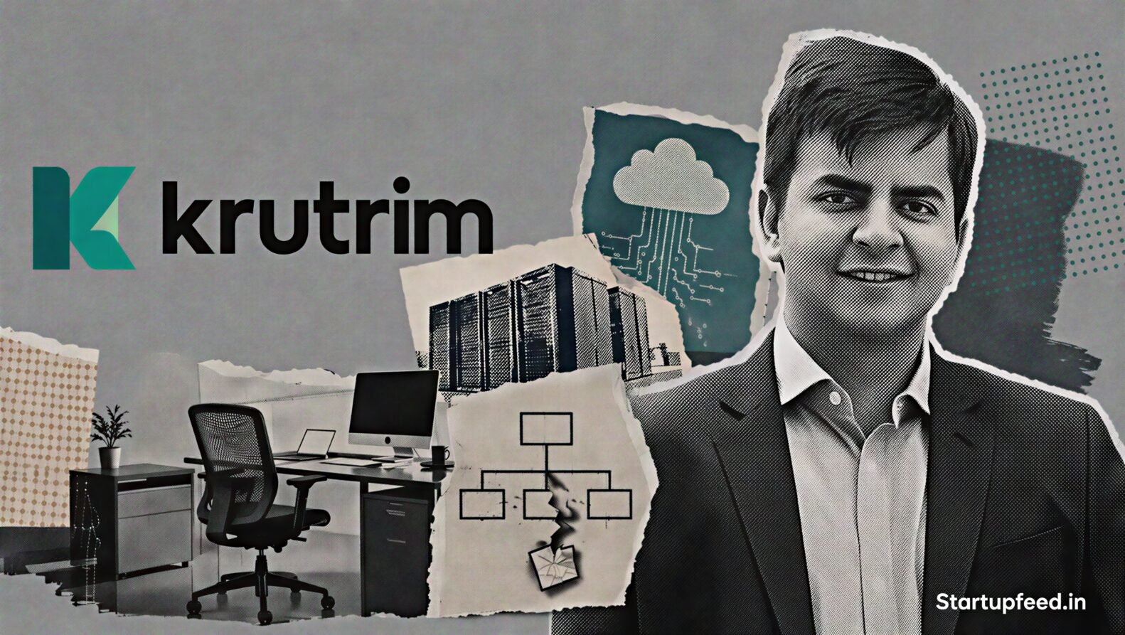 Krutrim cuts 25 jobs as founder Bhavish Aggarwal appears beside a fragmented halftone office scene
