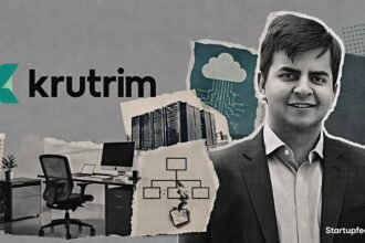 Krutrim cuts 25 jobs as founder Bhavish Aggarwal appears beside a fragmented halftone office scene
