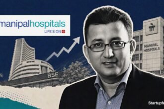 Manipal IPO valuation editorial collage with Manipal Hospitals logo, halftone hospital executive, stock-exchange sketch and Rs 80,000 Cr context