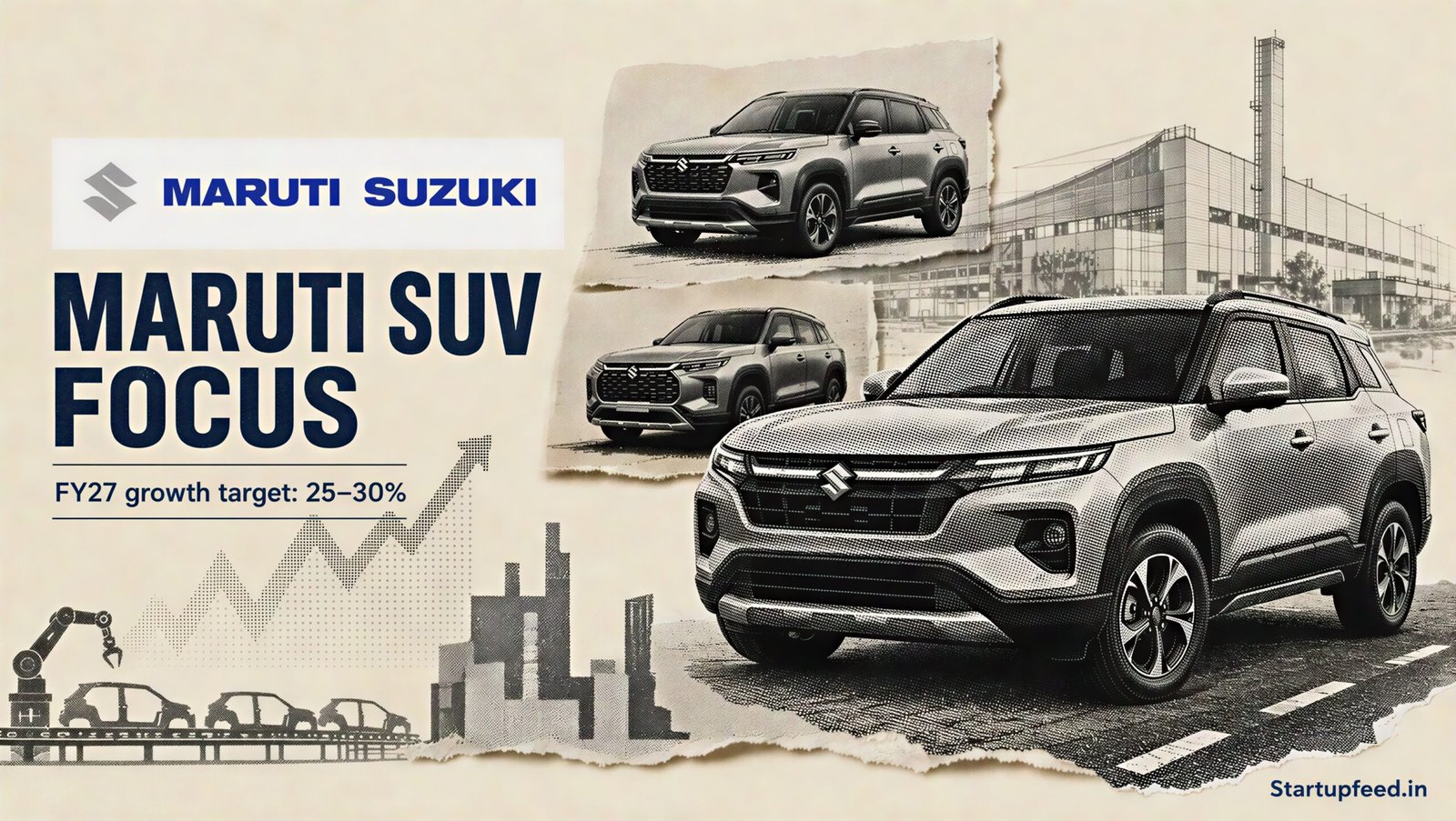 Maruti SUV focus visual with halftone Brezza and Victoris cut-outs highlighting Maruti Suzuki’s FY27 growth strategy