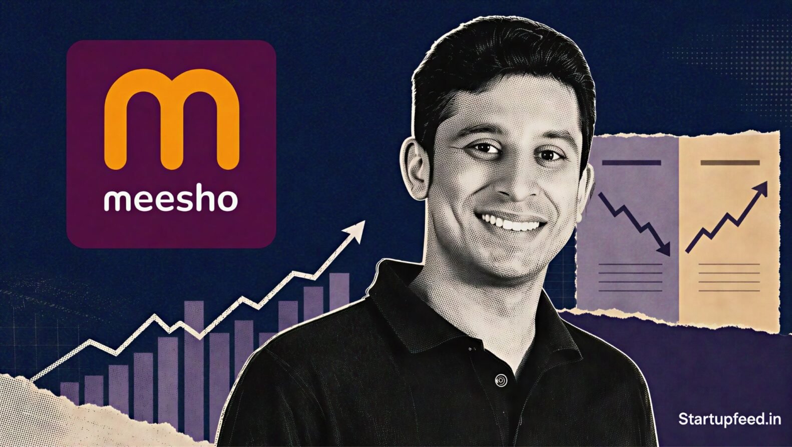 Meesho Q1 results visual with co-founder Vidit Aatrey, official logo and abstract growth charts reflecting higher revenue, lower losses and rising NMV