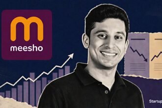 Meesho Q1 results visual with co-founder Vidit Aatrey, official logo and abstract growth charts reflecting higher revenue, lower losses and rising NMV
