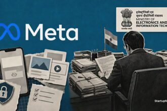 Meta CSAM summons editorial collage with MeitY emblem, Meta logo and Instagram ad-moderation fragments