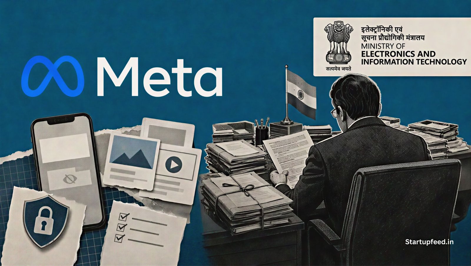 Meta CSAM summons editorial collage with MeitY emblem, Meta logo and Instagram ad-moderation fragments