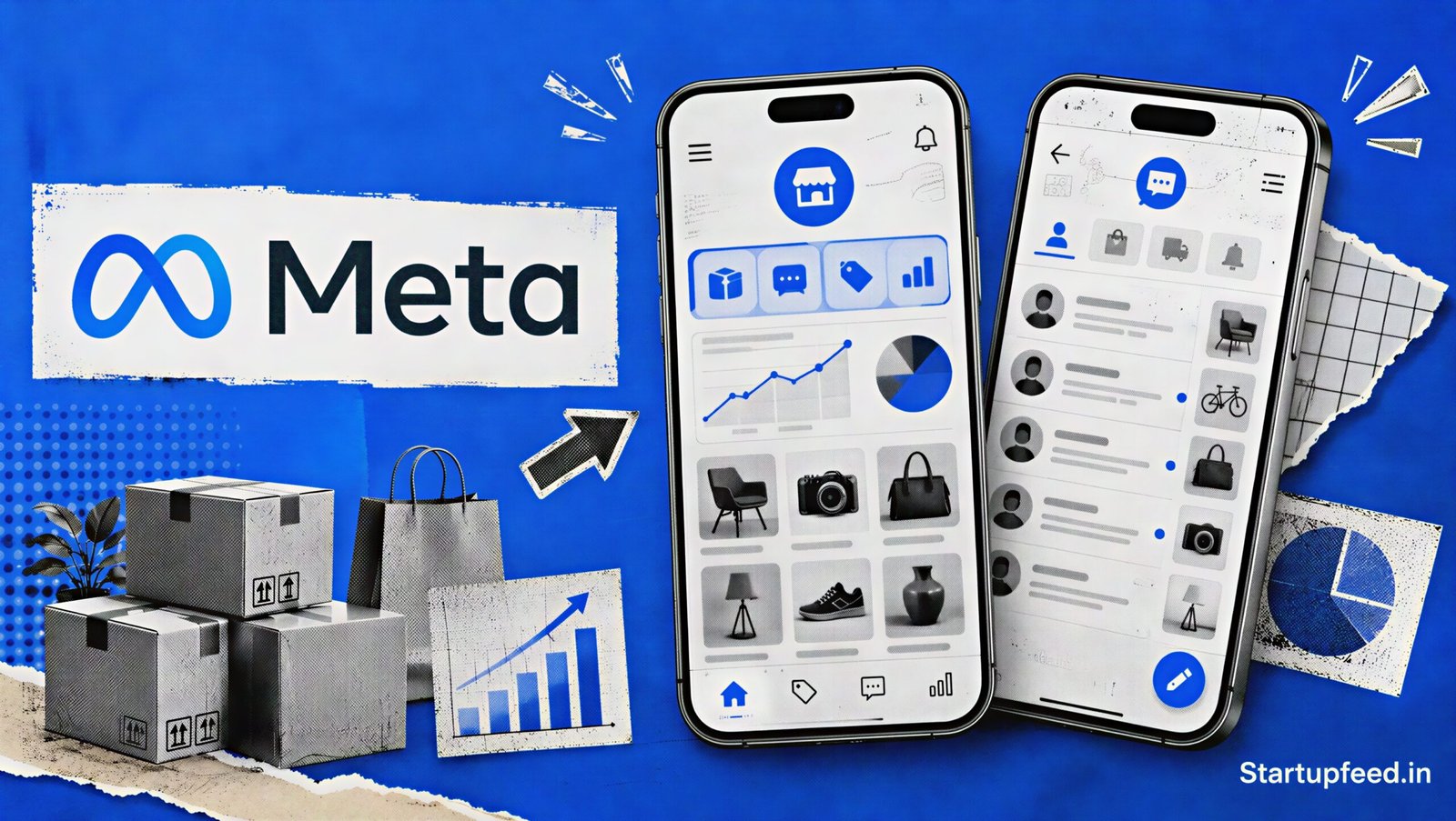 Meta Seller App displayed on two smartphones with Facebook Marketplace seller tools and the official Meta logo