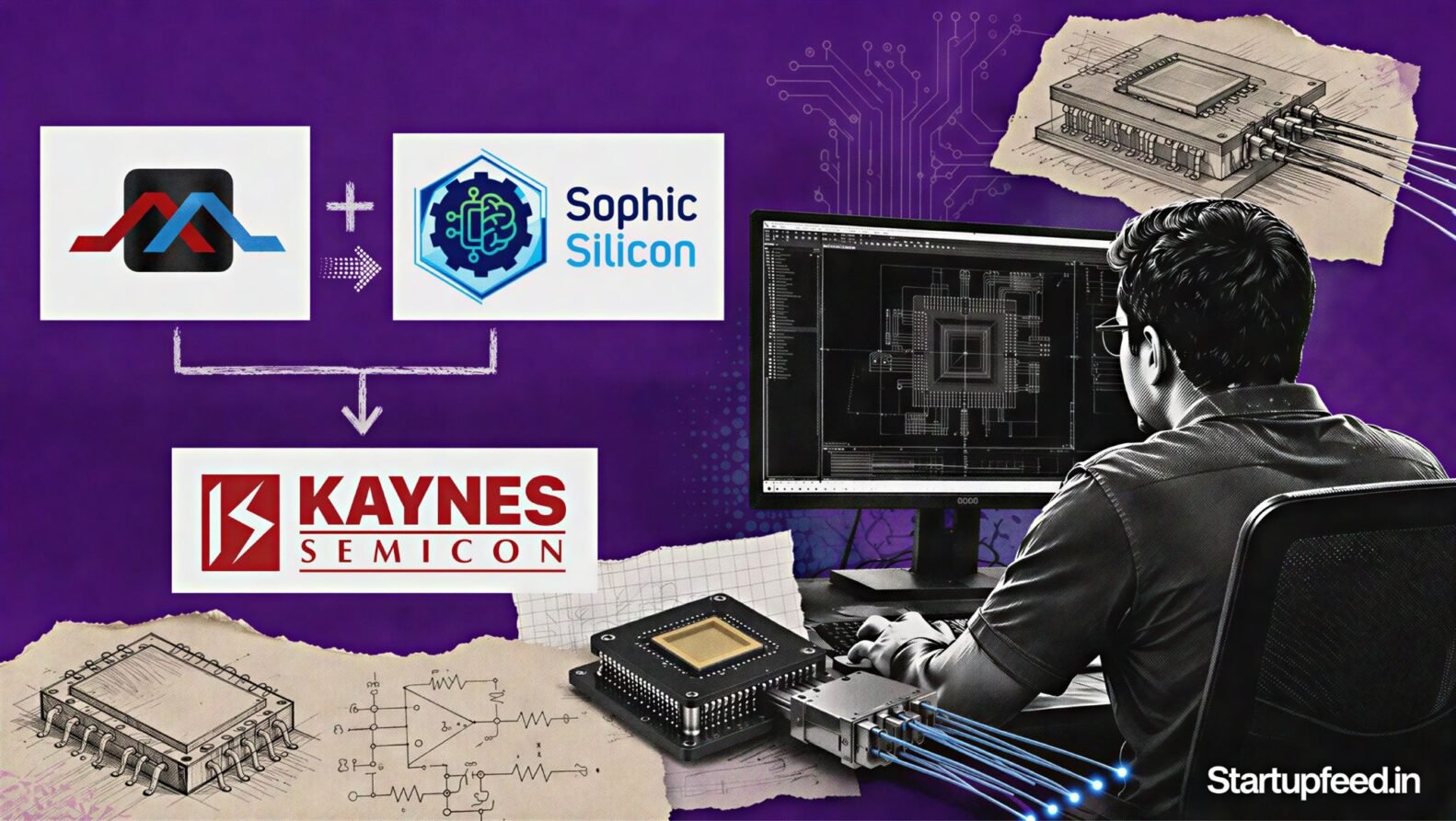 Mixx buys Sophic Silicon in an editorial chip-design and optical-packaging collage featuring Mixx, Sophic and Kaynes Semicon logos
