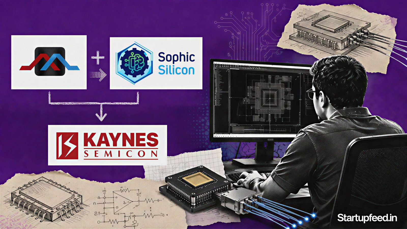 Mixx buys Sophic Silicon in an editorial chip-design and optical-packaging collage featuring Mixx, Sophic and Kaynes Semicon logos